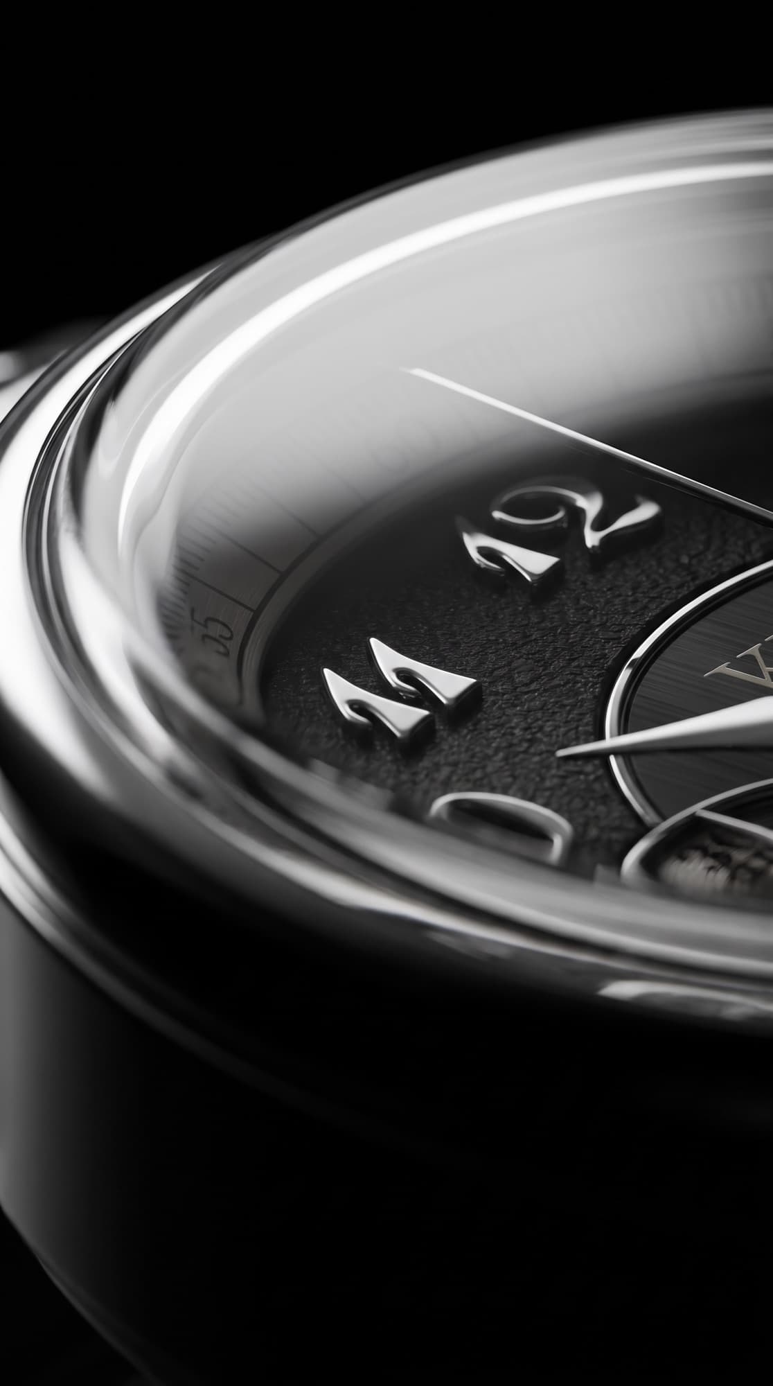 Macro of the polished case edge and applied numerals, raking studio light