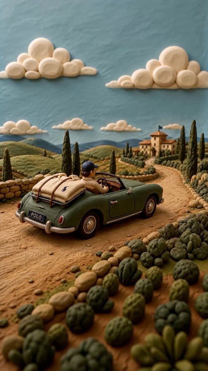 Clay stop-motion — a green roadster on a Tuscan dirt road, cream knit strapped to the luggage rack